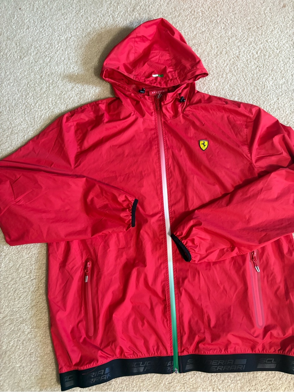 Size XL new with no tag Ferrari Bright Red Branded Jacket with Hood rain jacket